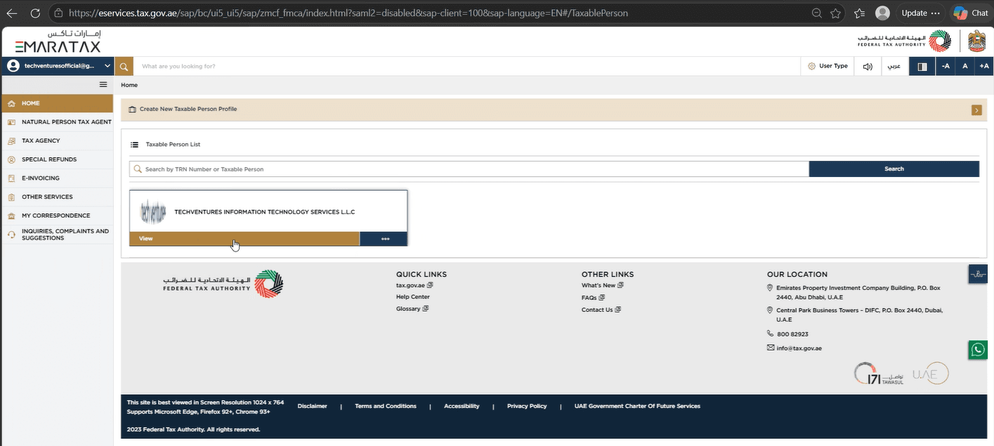EmaraTax portal, step 3: Choose the taxpayer