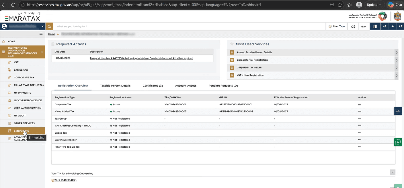 EmaraTax portal, step 4: Open E-Invoicing