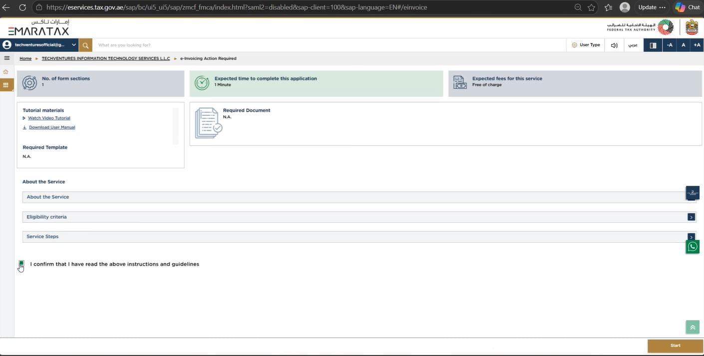 EmaraTax portal, step 5: Tick the box and start