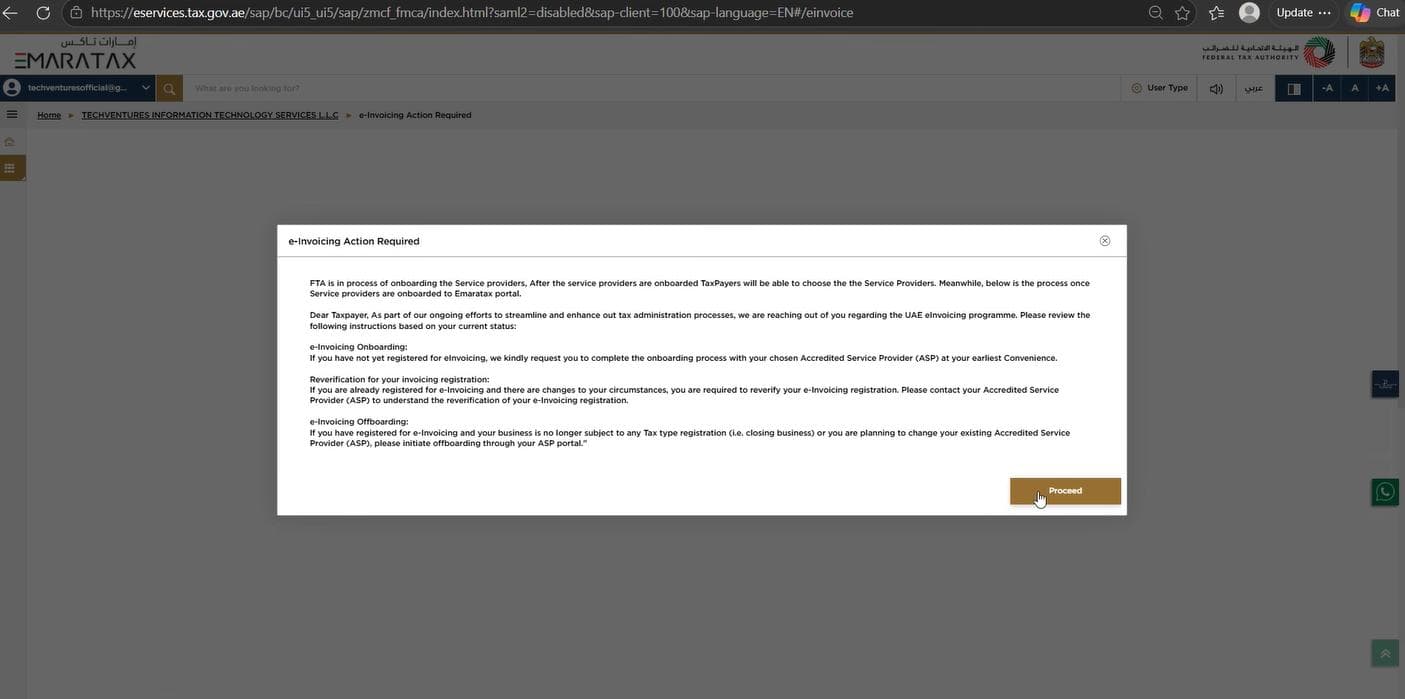 EmaraTax portal, step 6: Read the disclaimer and proceed