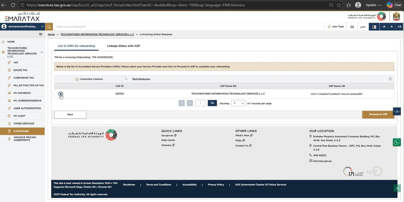 EmaraTax portal, step 8: Select us and proceed